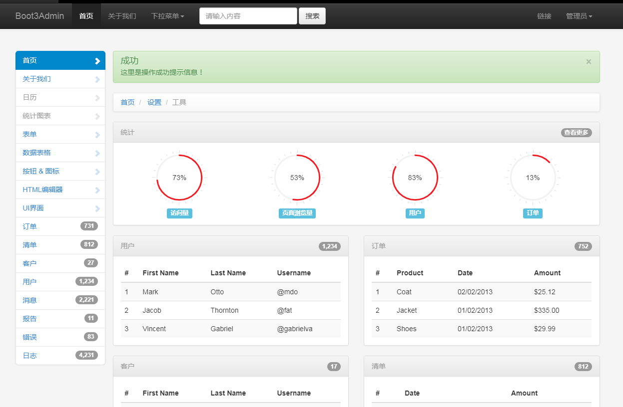 清晰带统计的bootstrap3后台框架模板_亿码酷站插图