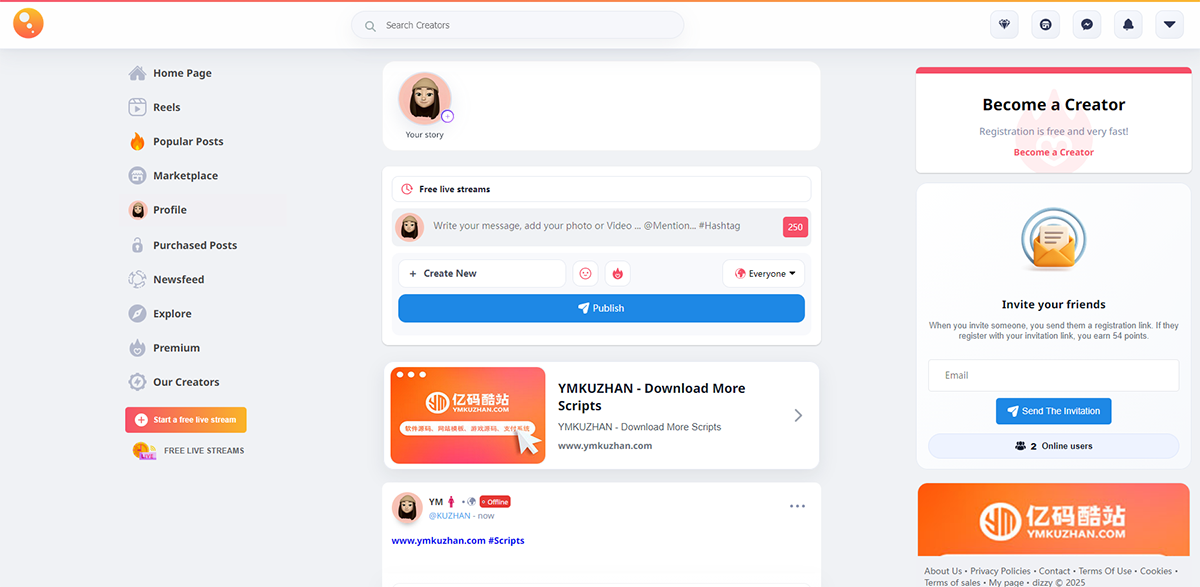 Dizzy社交平台源码开心版下载:内容创作者变现系统,支持订阅、付费内容与直播功能插图3 Dizzy社交平台源码开心版下载:内容创作者变现系统,支持订阅、付费内容与直播功能插图3
